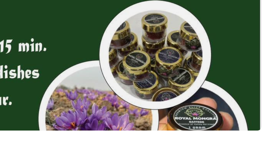 Royal Mongra Saffron packaged jars and Pampore crocus fields